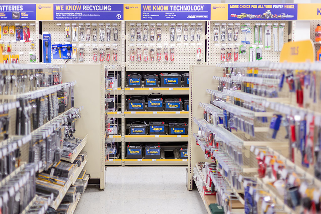 Jerry's Auto Supply tool aisle and batteries.